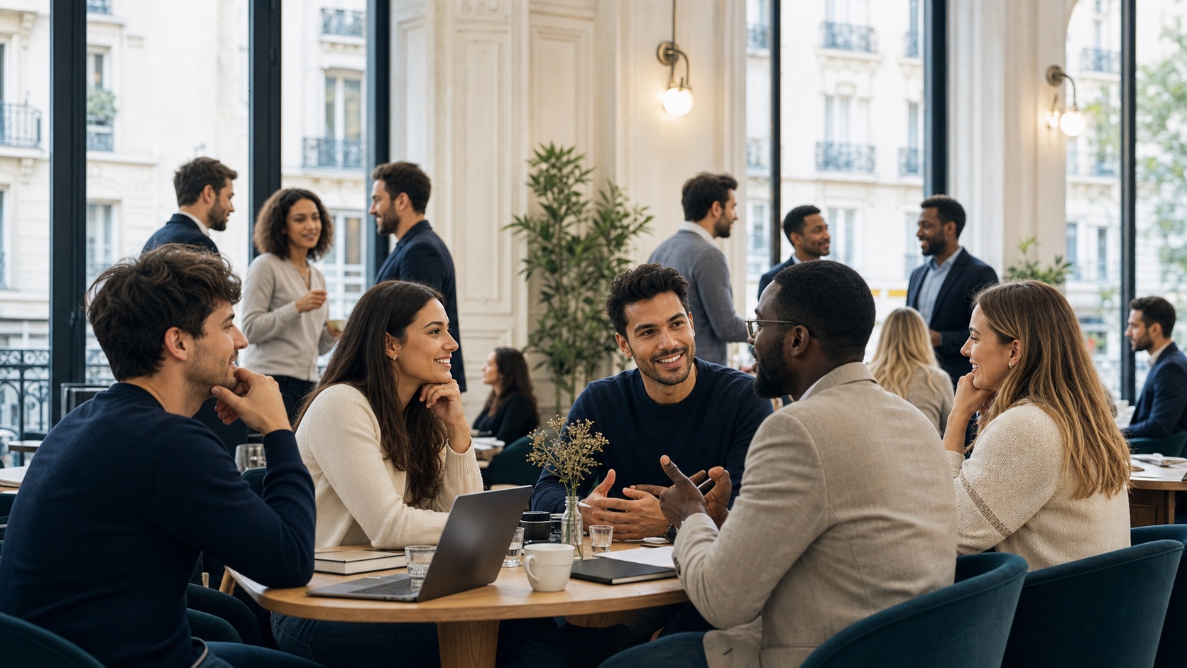 English-speaking business owners networking in a bright Paris coworking lounge