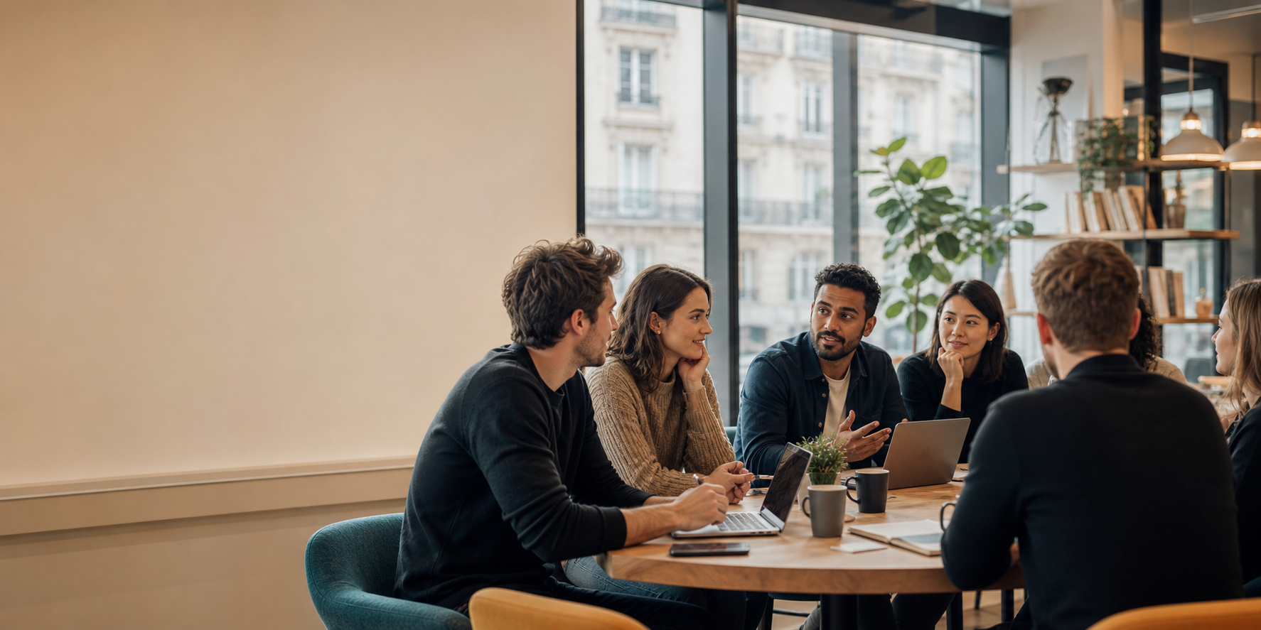 International founders talking over coffee in a Paris startup cafe